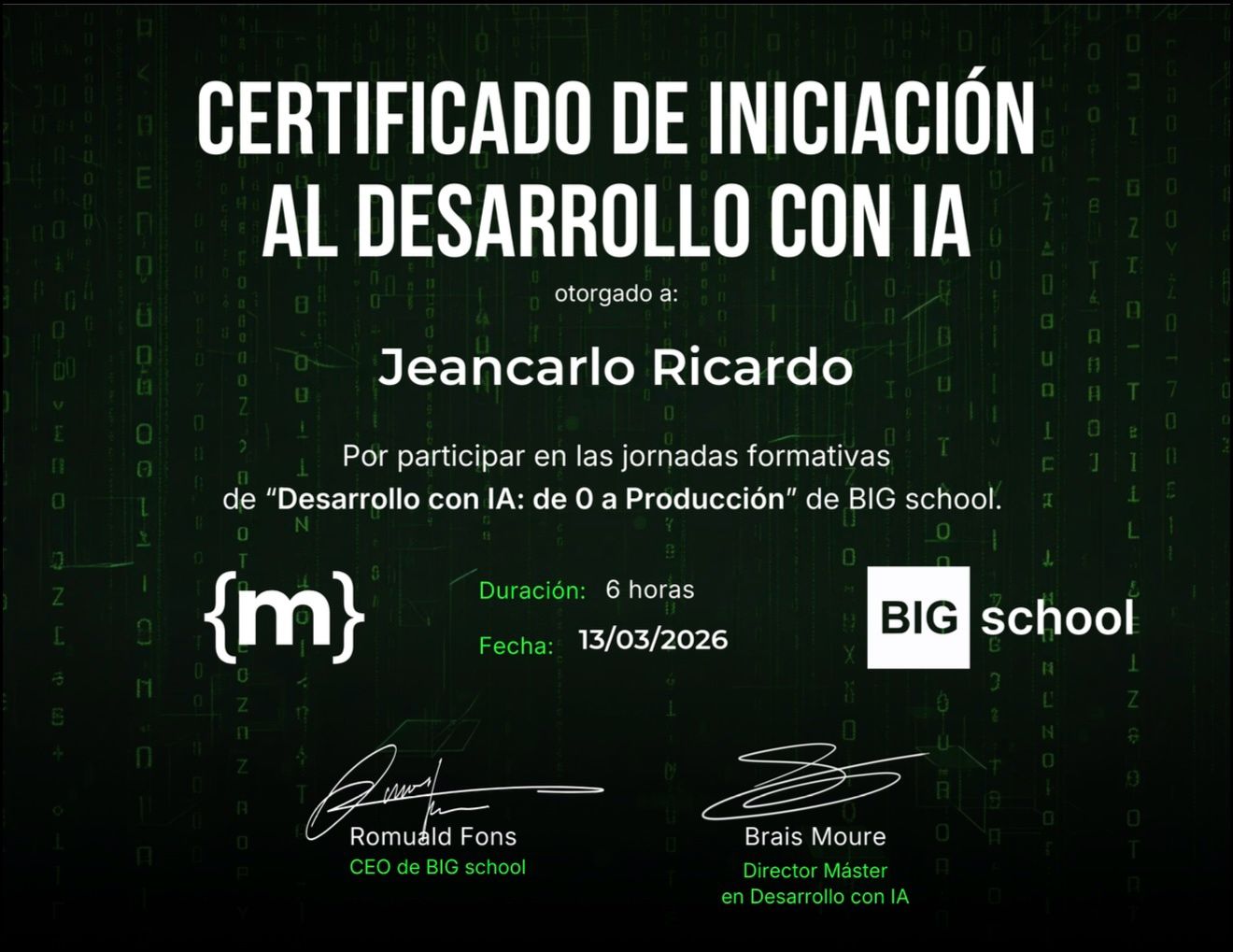 Certificate for Desarrollo con IA: de 0 a Produccion